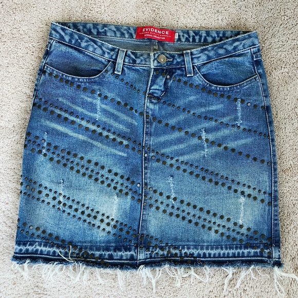 Vintage Evidence Metal Embellished Distressed High Waist Cutoff Denim Skirt W 30 - Picture 1 of 6